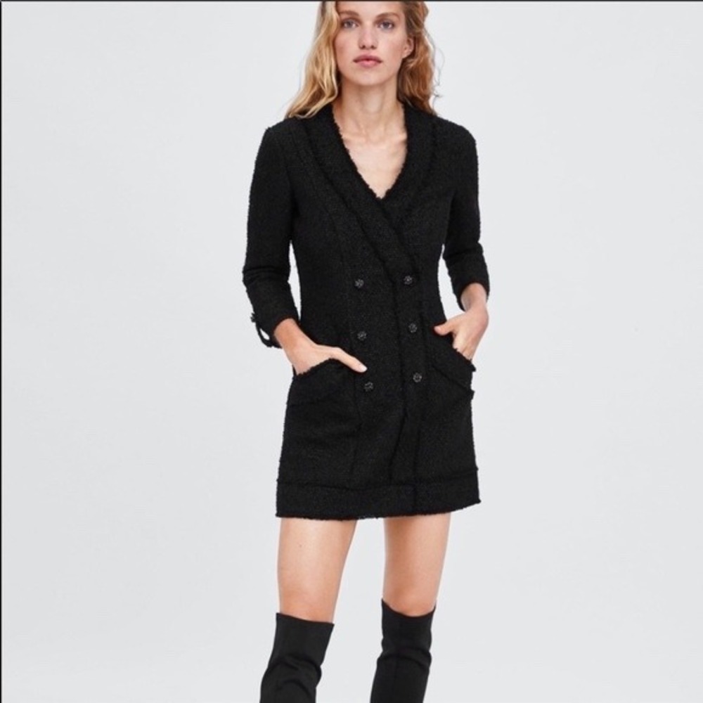 Zara TRF Black Tweed Double Breasted Mini Dress Frayed Trim Gem Buttons XS